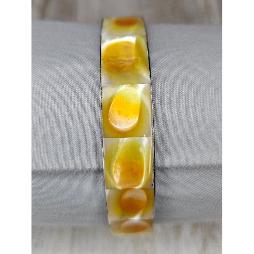 Vintage Yellow Shell Inlay Silver Bangle Bracelet Boho Mother of Pearl Look